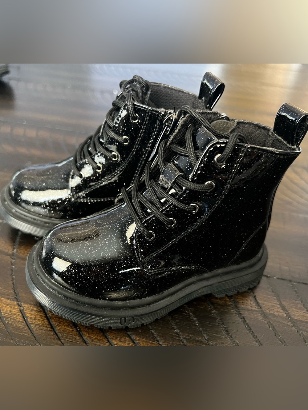 Ground Up Black Glitter Patent Lace-Up Boots for Toddler Girls